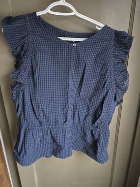 Blue Gingham Ruffle Sleeve Peplum Top